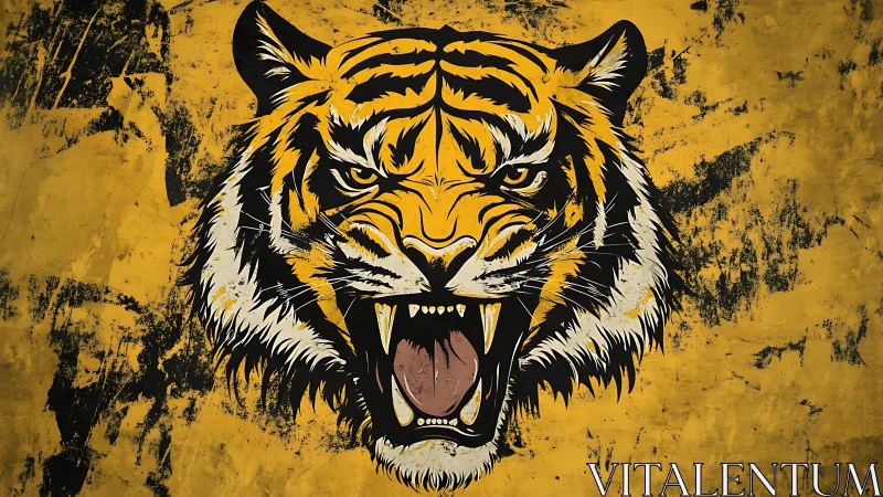 Roaring tiger head dominates distressed yellow grunge field