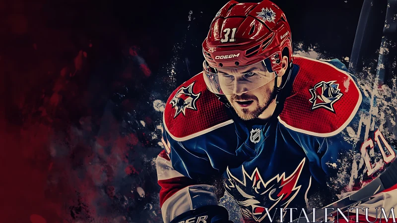 Ice hockey player charges forward in stylized action portrait