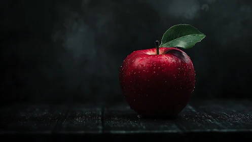 Glossy red apple rests in dramatic dark studio light