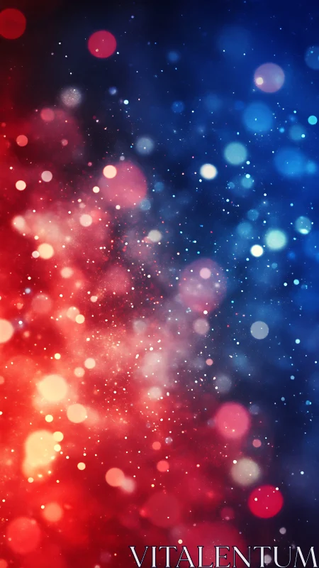 Bicolored particle field forms red–blue gradient with defocused bokeh