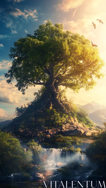Large tree on rocky island above waterfall at sunrise
