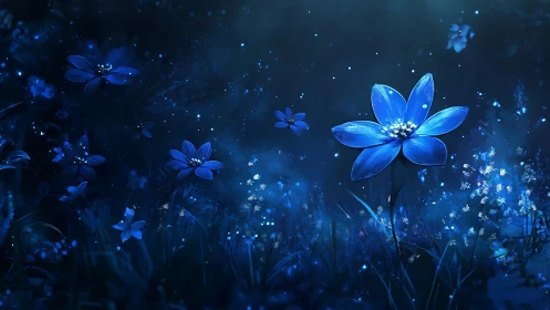 Luminous Blue Flowers Glow in Enchanted Darkness.