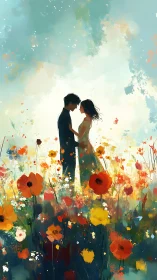 Two figures embrace amid a vibrant, dreamy field of wildflowers.