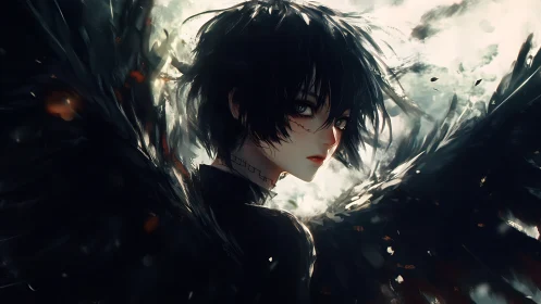 Dark-winged fallen angel in luminous backlit stormscape.