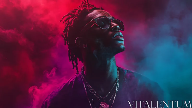 Neon crowned dreamer rising through violet and cyan smoke.