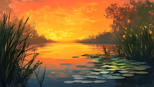 Sunlit wetland lagoon with reflective orange dusk sky.