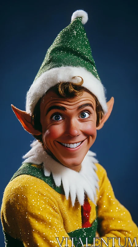 Sparkle-cheeked Christmas elf grins under glittering hat.