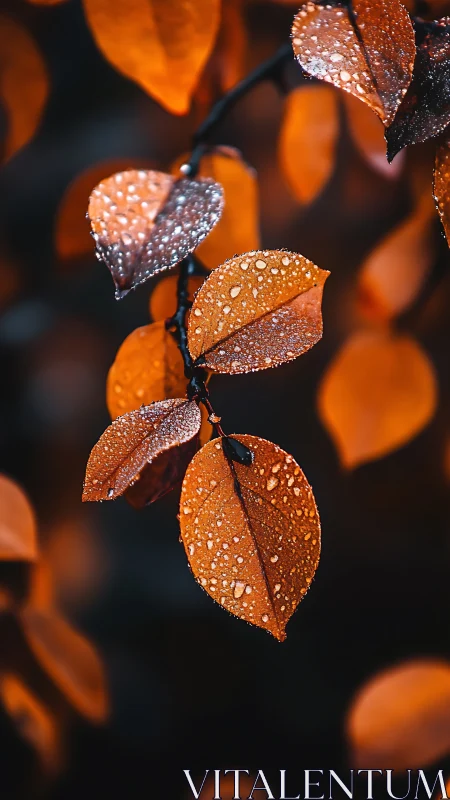 Macro study of dew-lit autumn leaves on dark bokeh ground.