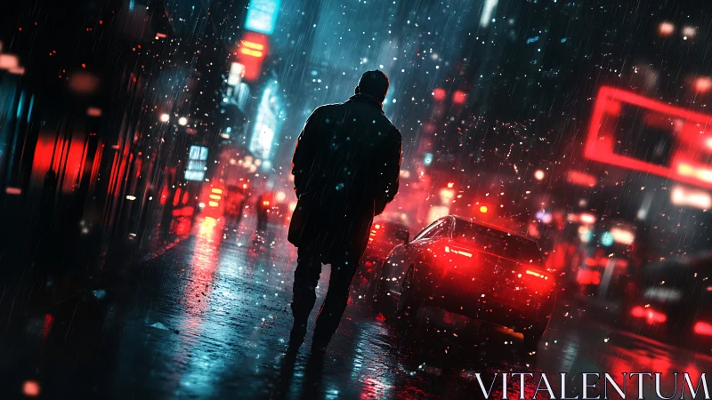 Solitary figure on wet neon city street during rainfall.