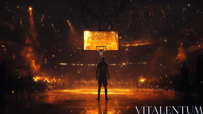 Silhouetted basketball player under molten arena lights.