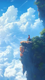 Solitary figure gazes across sunlit clouds from sky cliff.
