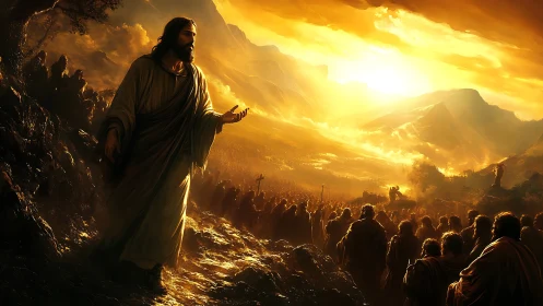 Robe-clad teacher walks hillside above illuminated crowd at dawn