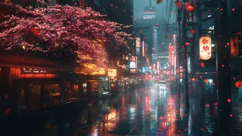 Neon rainstorms serenade cherry blossoms over wet city streets