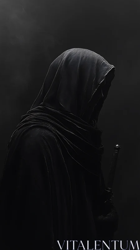 Hooded shadow wanderer holding secrets in the dark.