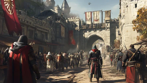 Epic medieval street gathering with cloaked adventurers.