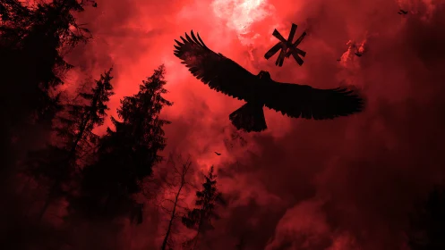 Raven silhouette soars across a blood-red storm sky.
