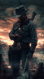 Forensic study of dusk-lit gunslinger with tactical shotgun.