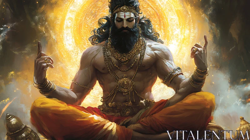 Radiant yogi in golden meditation amid swirling light.