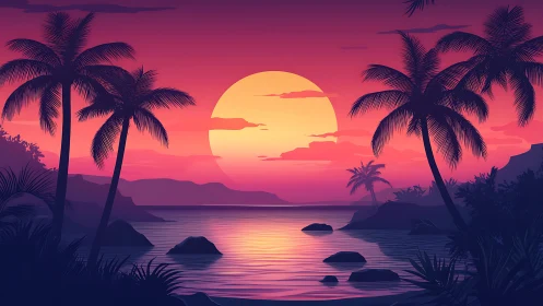 Neon-gradient tropical sunset framed by silhouetted palms