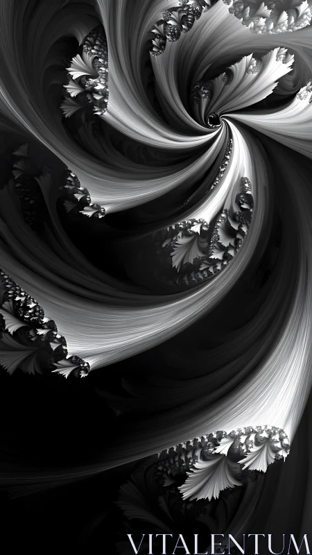 Monochrome helical fractal cascade with recursive feathered filaments.