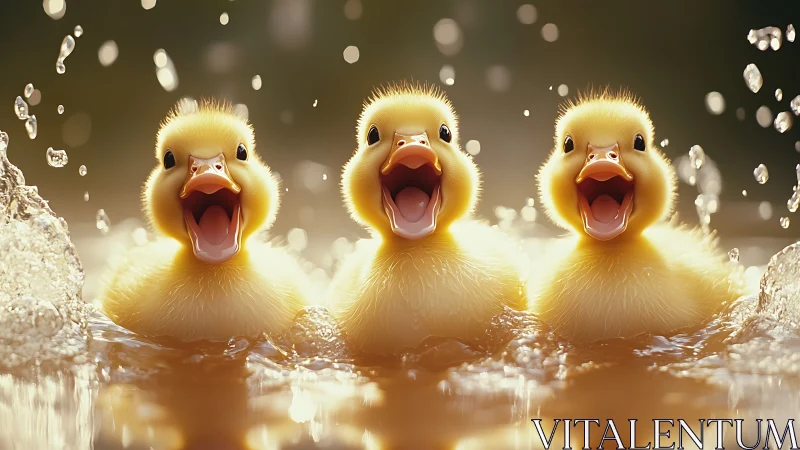 Photorealistic duckling trio in dynamic water splash portrait.