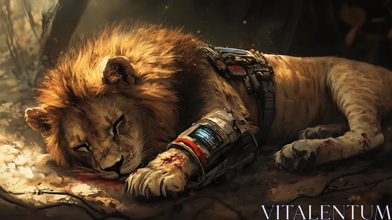 Wounded cybernetic lion rests under fractured forest light