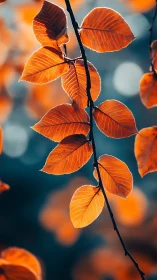 Vertical twig holds orange autumn leaves against soft bokeh