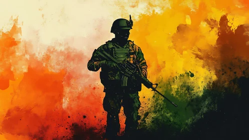 Soldier silhouette dominates explosive abstract war colors.