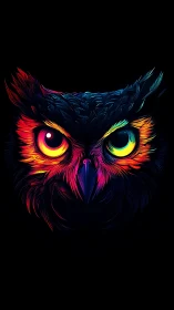 Neon chromatic owl portrait with asymmetrical iridescent eyes