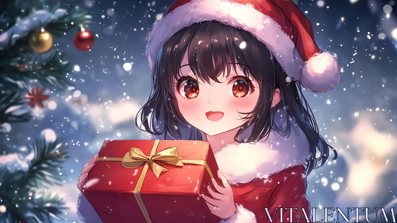 Anime girl holding Christmas gift in snowy night scene.