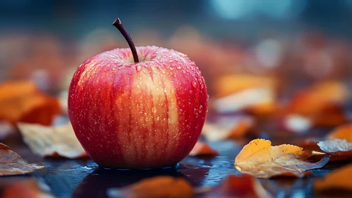 Crisp autumn apple crowned with dewdrop armor on leaves.