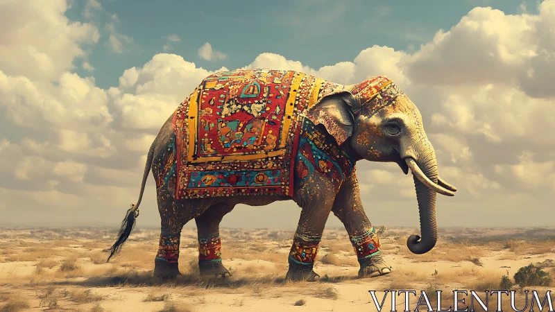 Colorful desert elephant strolls under a wide dreamy sky