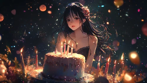 Anime figure with illuminated birthday cake amid bokeh lighting elements.