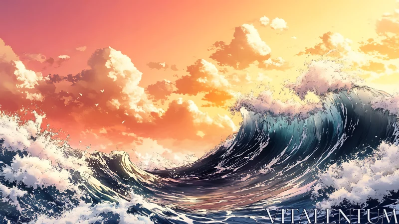 Sunlit ocean waves rise beneath glowing pastel clouds.