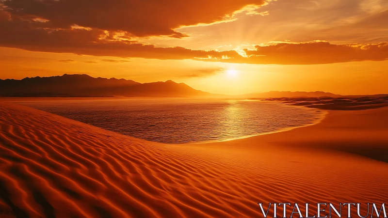 Low-angle desert lagoon sunset with high-contrast rippled dunes