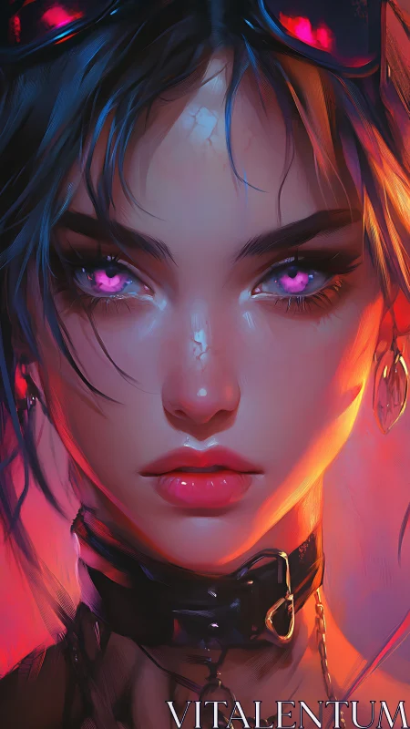 Neon gaze of cyberpunk girl burns through electric twilight