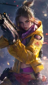 Cyberpunk scout girl aiming rifle in neon storm.