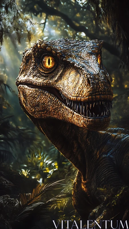 Dinosaur head rendered in detailed 3D within dense jungle