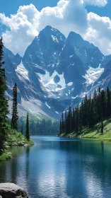 Glacial alpine lake reflects jagged snow-capped mountain massif