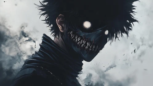 Dark humanoid figure with stylized mask and glowing eyes is shown