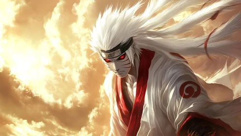 White haired warrior figure stands before dense glowing clouds