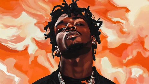 Digital portrait of confident man against abstract orange sky