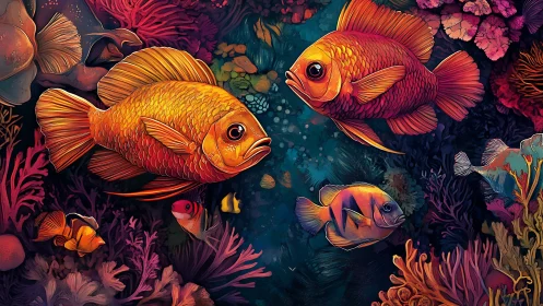 Bright orange fish swim through dense stylized coral reef