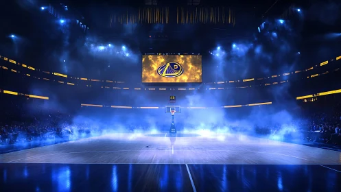 Pre-game arena spectacle under dramatic blue smoke lights.