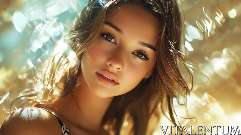 Sunlit portrait captures serene beauty with golden bokeh.