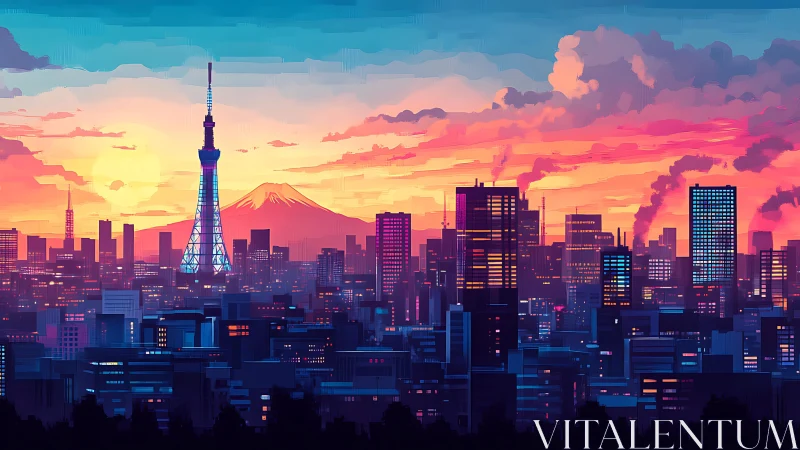 Neon-lit Tokyo skyline under stratified chromatic sunset.