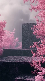 Granite steps rise through dense pink blossom haze