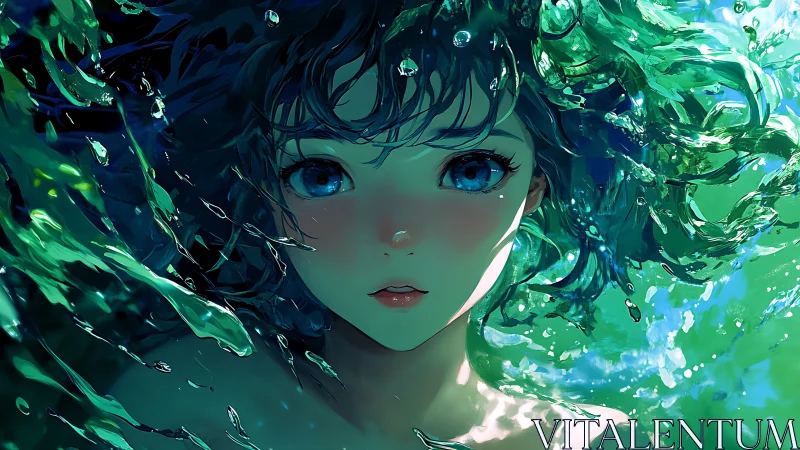 Ethereal blue‑eyed girl floats in vivid emerald water