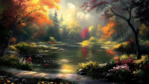 Autumn lake glows under painterly light and drifting leaves.