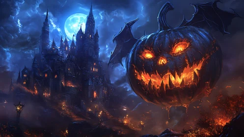 Fiery pumpkin specter hovers over a glowing haunted castle